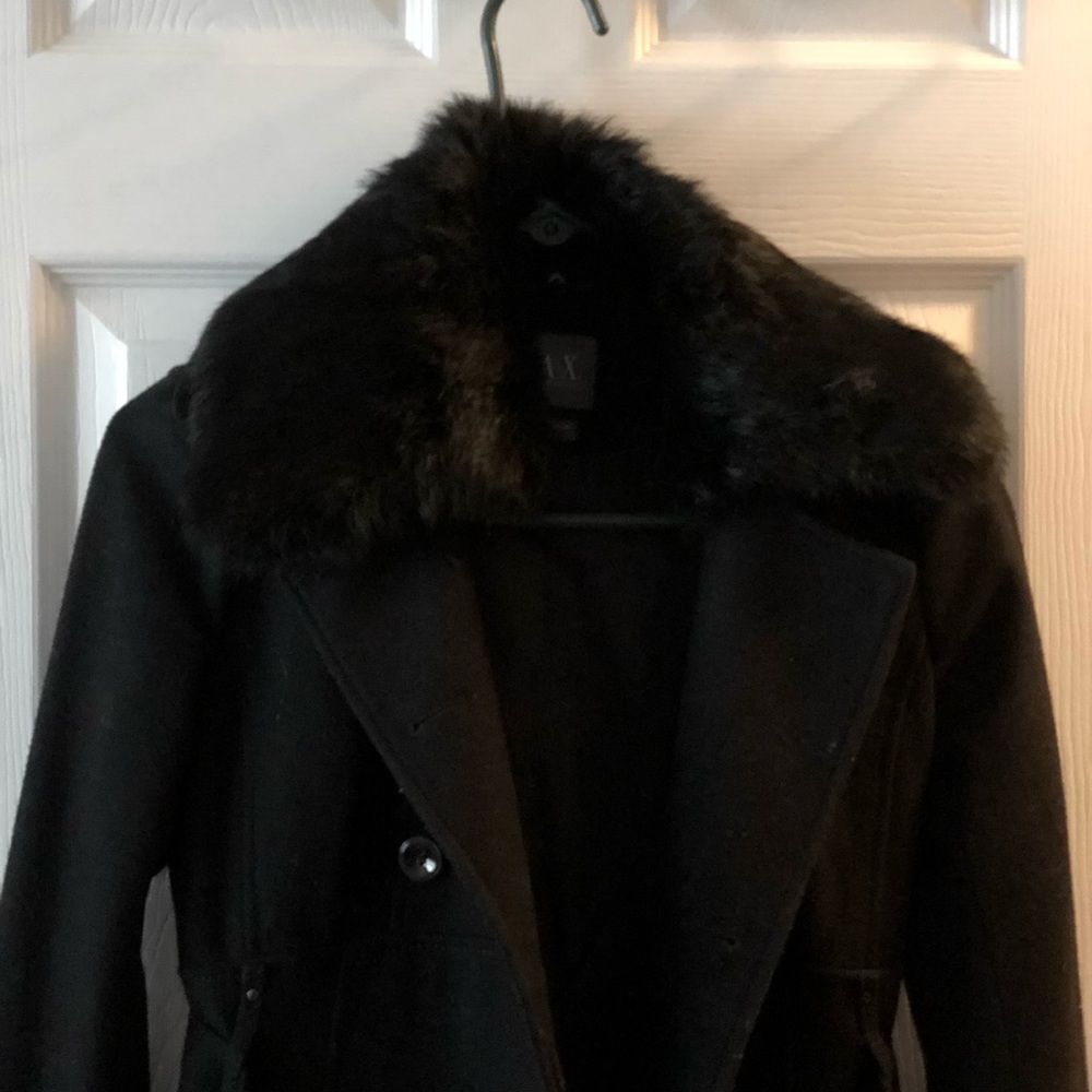 Armani Exchange coat has fur around the neck area